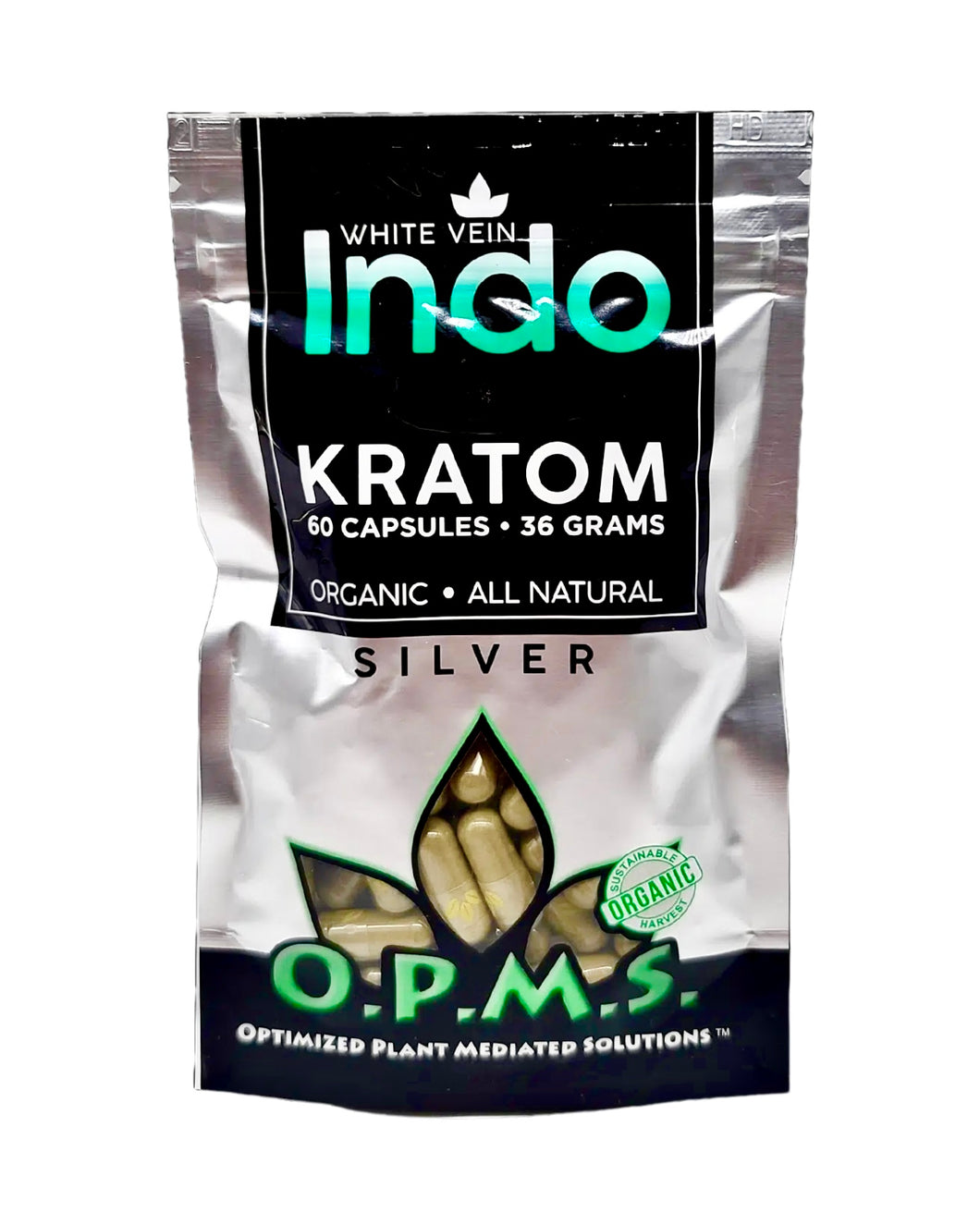 A 60 capsule (36 grams) bag of OPMS Silver White Vein Indo Kratom Capsules.