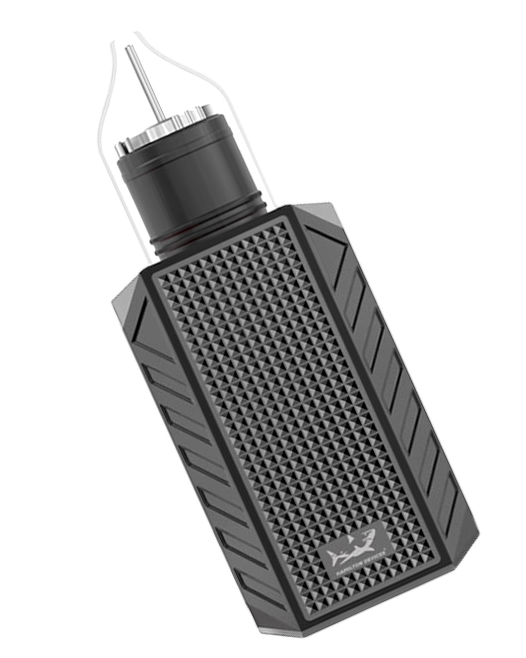 A gunmetal Draco Dry Herb Vaporizer with glass mouthpiece attached.