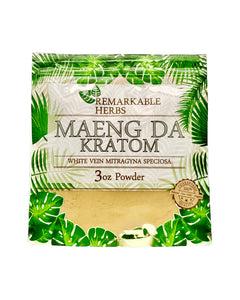 A 3oz bag of Remarkable Herbs White Vein Maeng Da Kratom Powder.