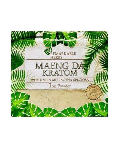 A 1oz bag of Remarkable Herbs White Vein Maeng Da Kratom Powder.