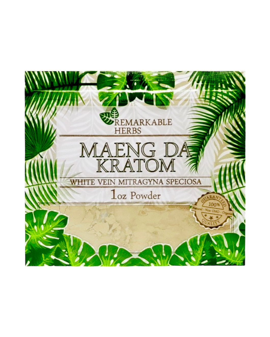 A 1oz bag of Remarkable Herbs White Vein Maeng Da Kratom Powder.