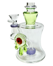 Load image into Gallery viewer, The base and circ perc of a purple and green Slimy Eye Color-Accented Bong.
