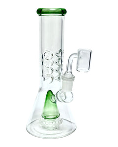 A green Shower Head Cone Beaker Dab Rig.