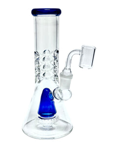 A blue Shower Head Cone Beaker Dab Rig.