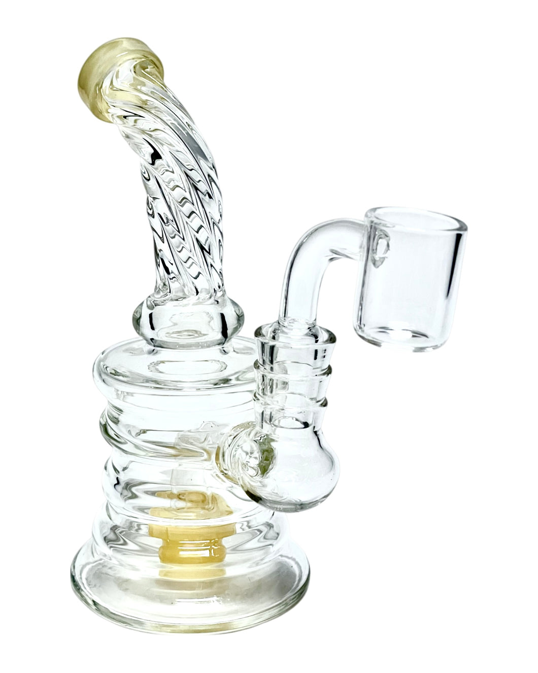 A yellow Glass Rong Showerhead Dab Rig.