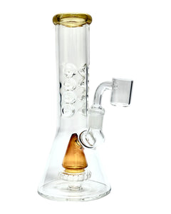 An amber Shower Head Cone Beaker Dab Rig.