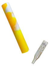 Load image into Gallery viewer, A yellow White Rhino Flip Chillum to Quartz Straw.
