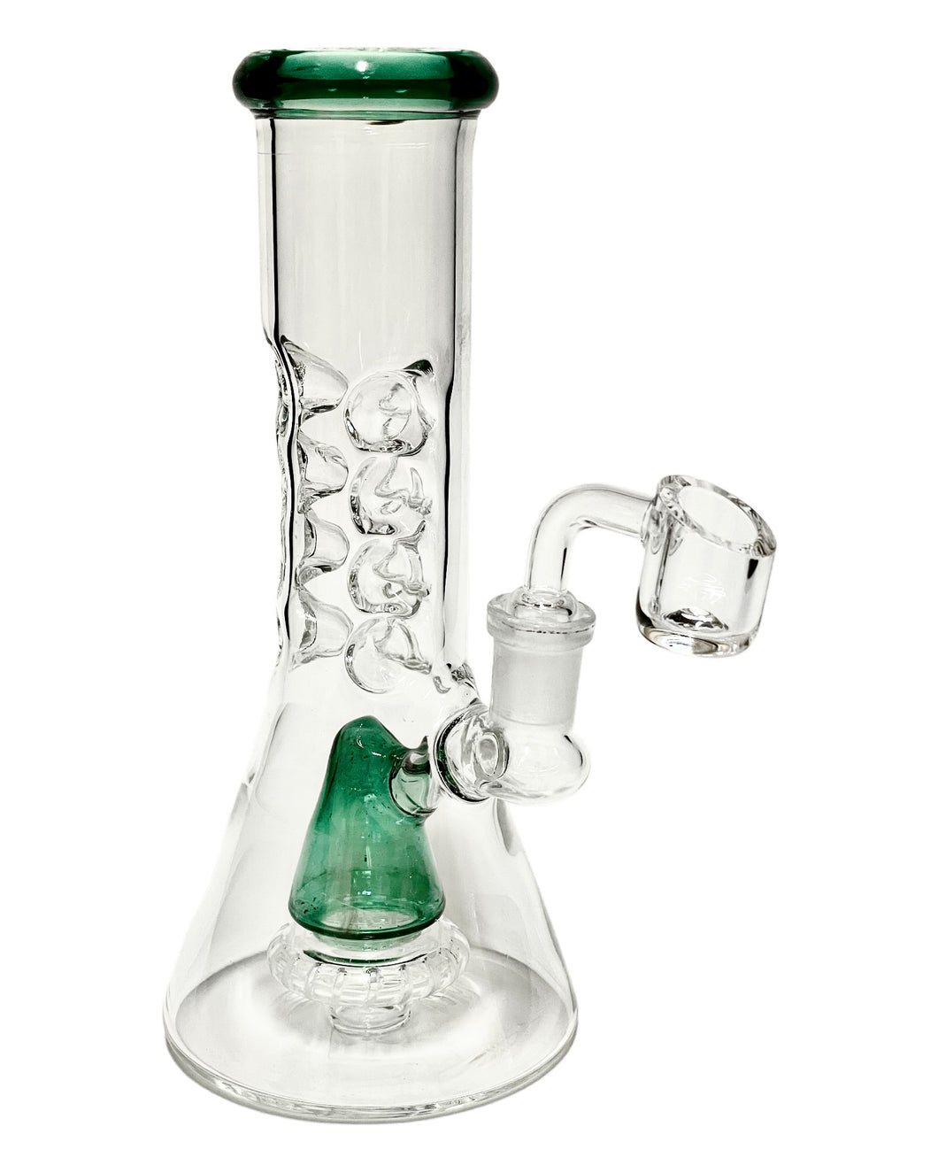 A teal Shower Head Cone Beaker Dab Rig.