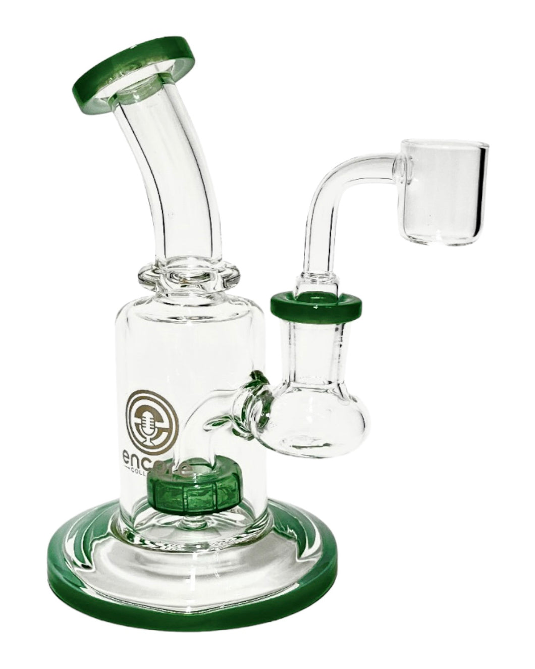 A green Encore Color Showerhead Dab Rig.